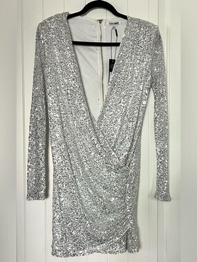 Silver Sequin Long-Sleeve Wrap Mini Dress Special Occasion Party Dress Size Med